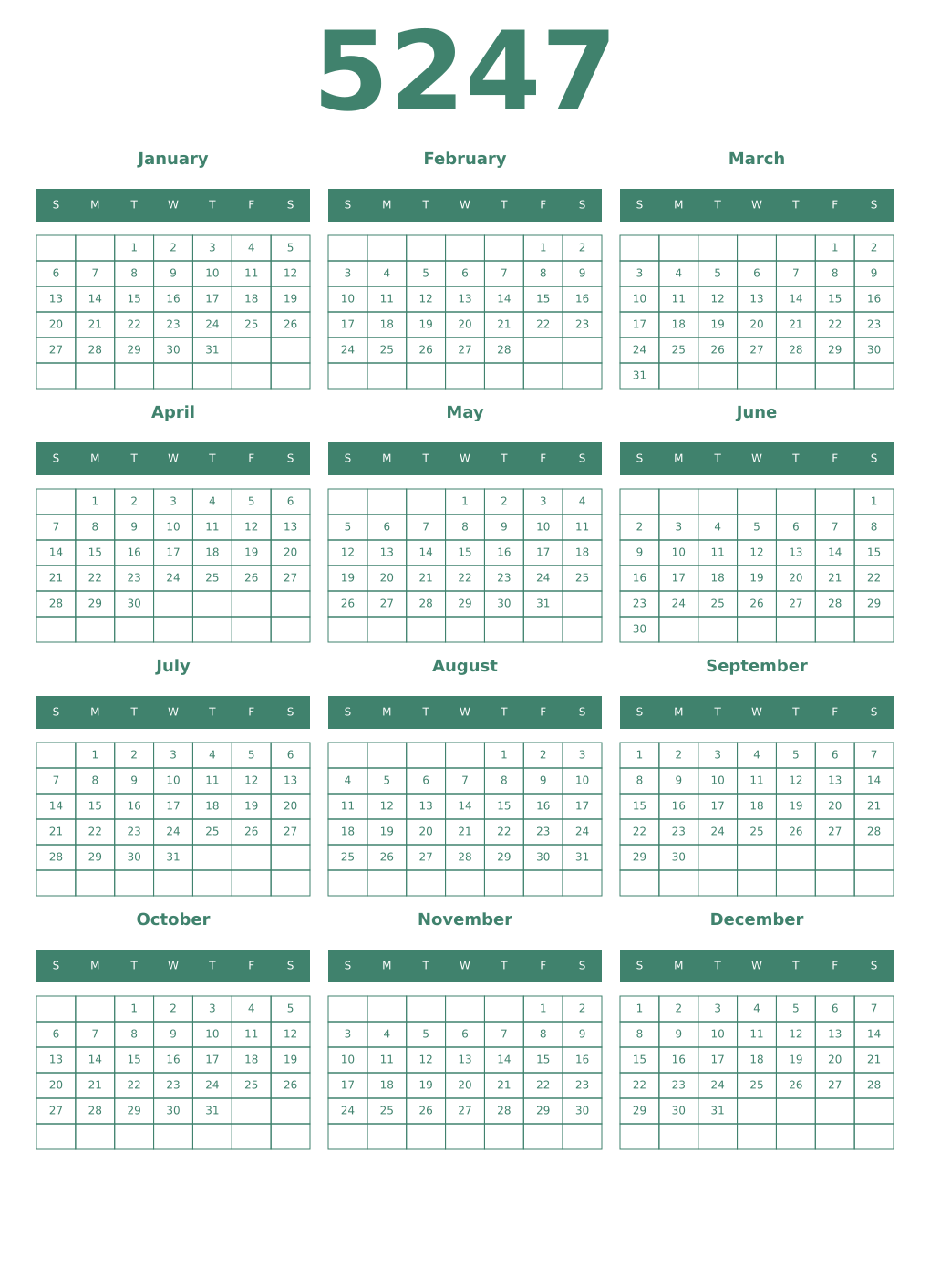 Printable 5247 Year Calendars viridian