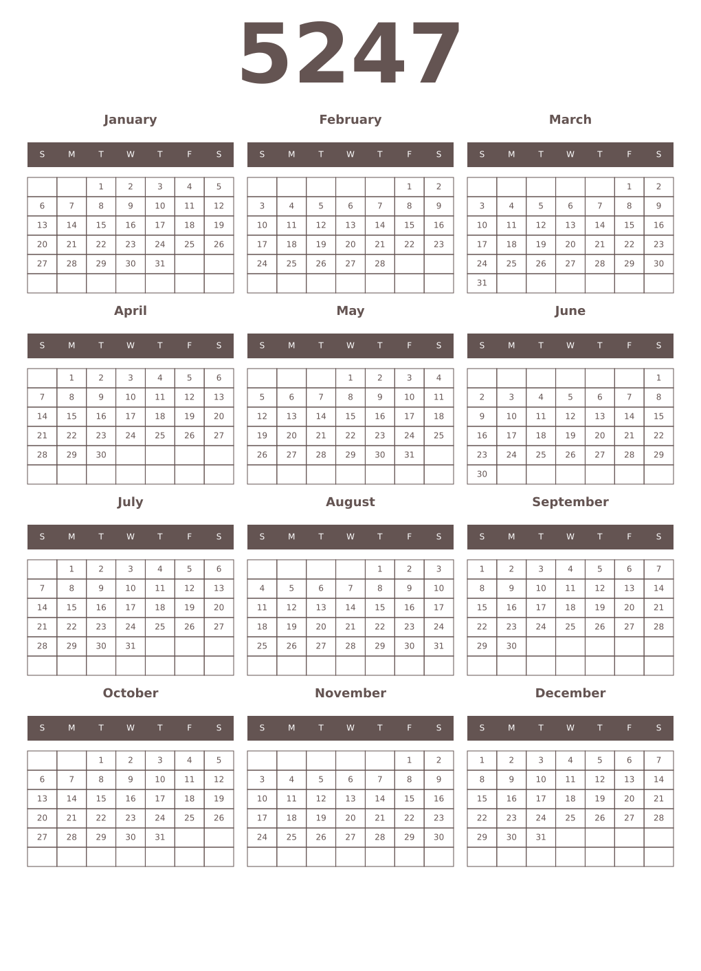 Printable 5247 Year Calendars wenge