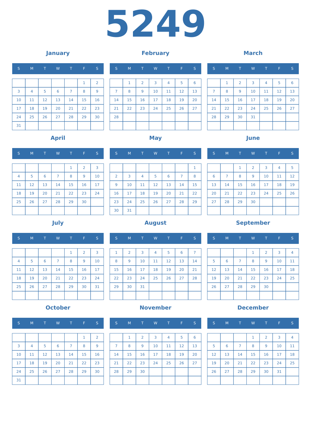 Printable 5249 Year Calendars blue