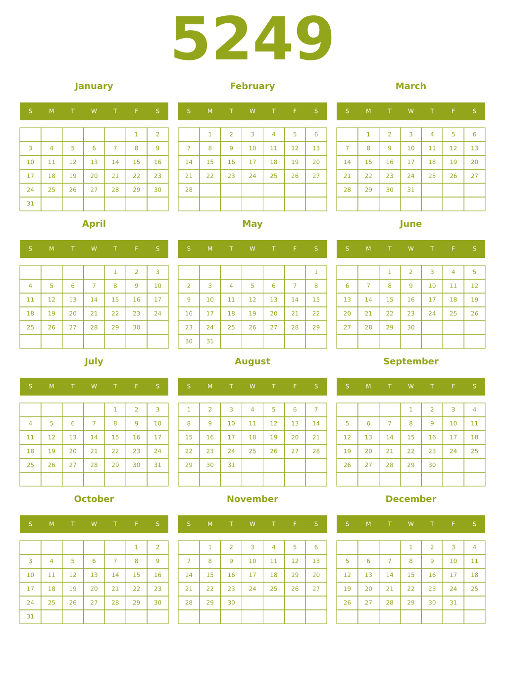 Printable 5249 Year Calendars chartreuse