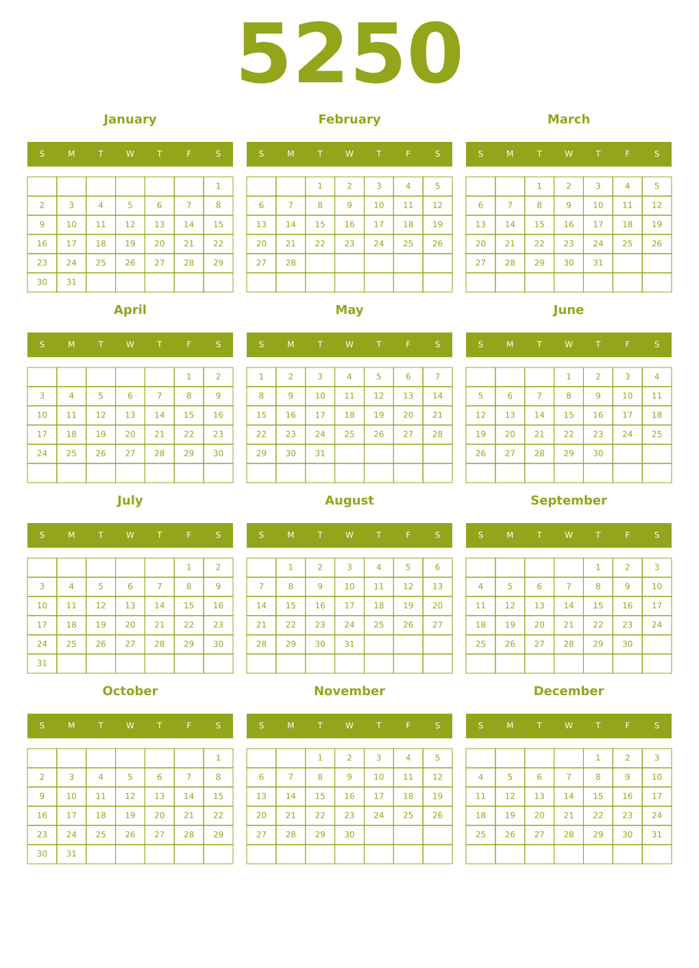 Printable 5250 Year Calendars chartreuse