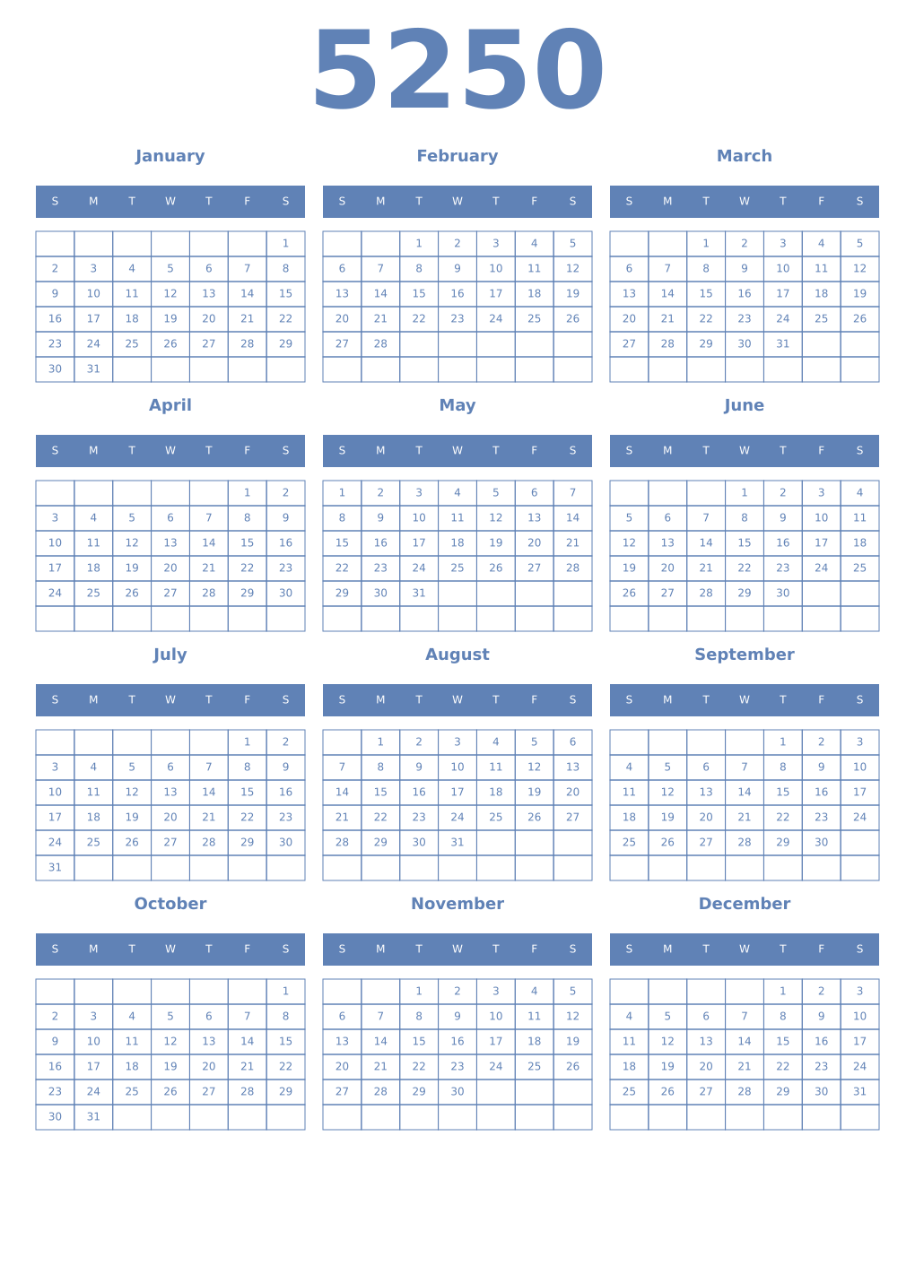 Printable 5250 Year Calendars glaucous
