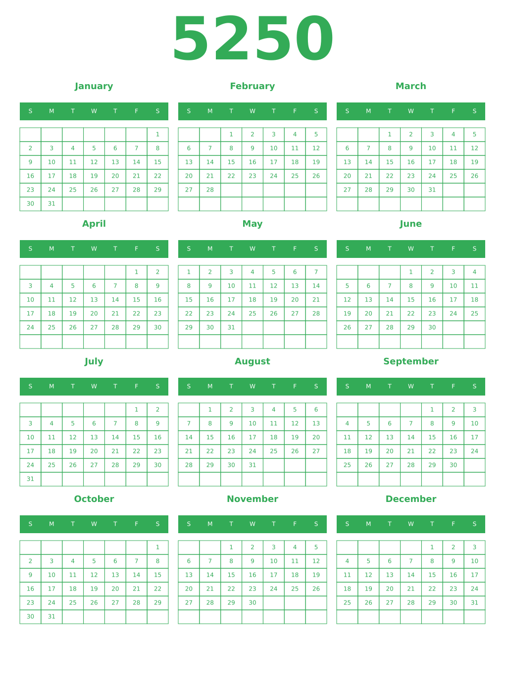 Printable 5250 Year Calendars green