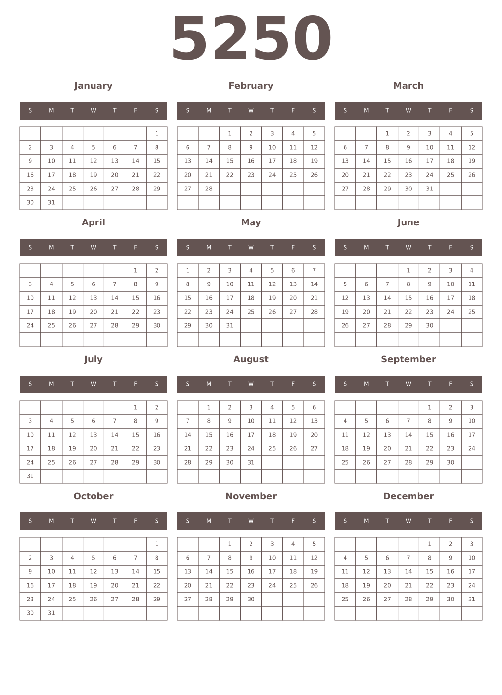 Printable 5250 Year Calendars wenge