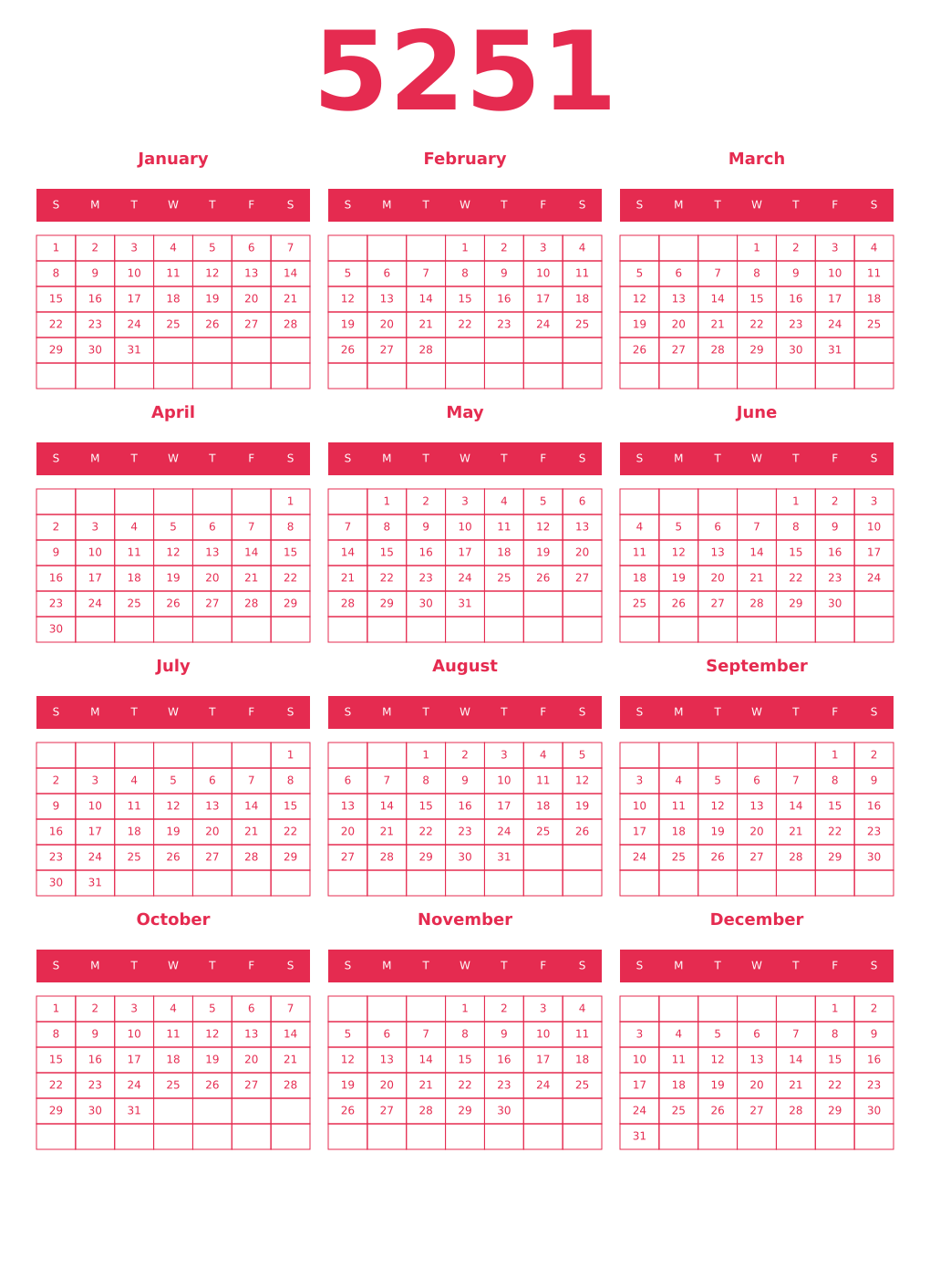 Printable 5251 Year Calendars amaranth