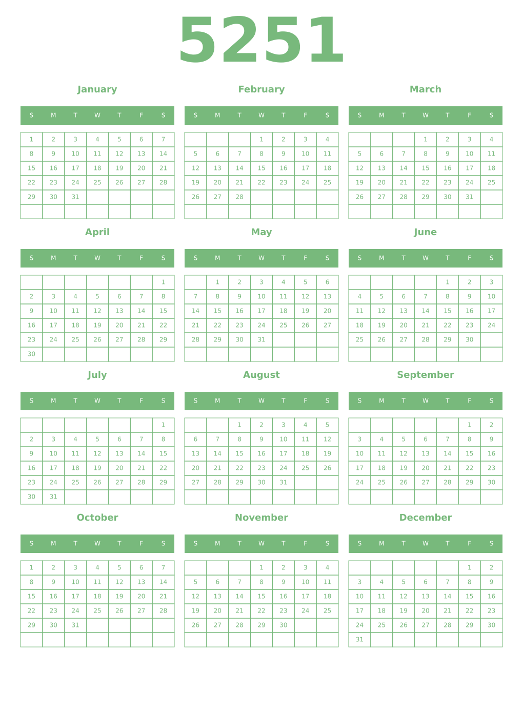 Printable 5251 Year Calendars celadon