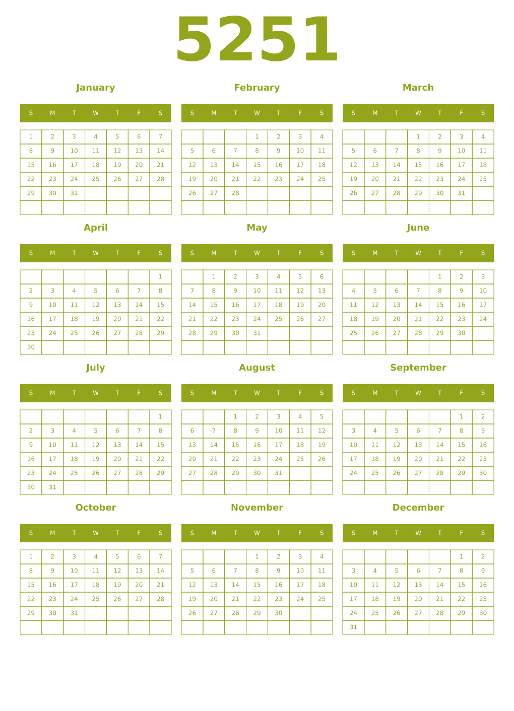 Printable 5251 Year Calendars chartreuse