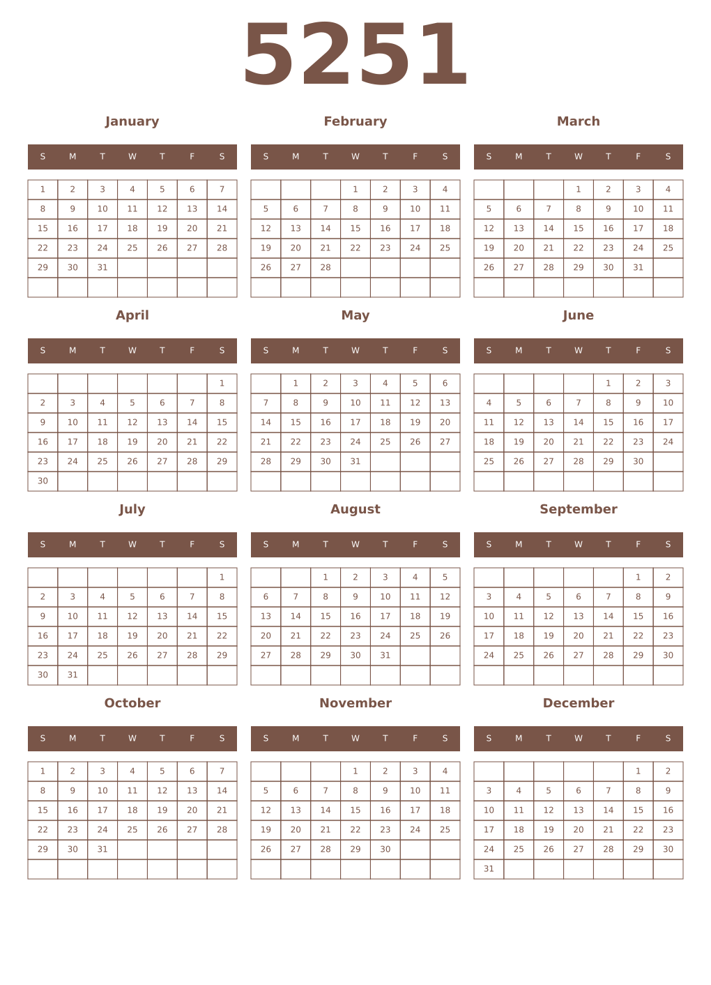 Printable 5251 Year Calendars coffe