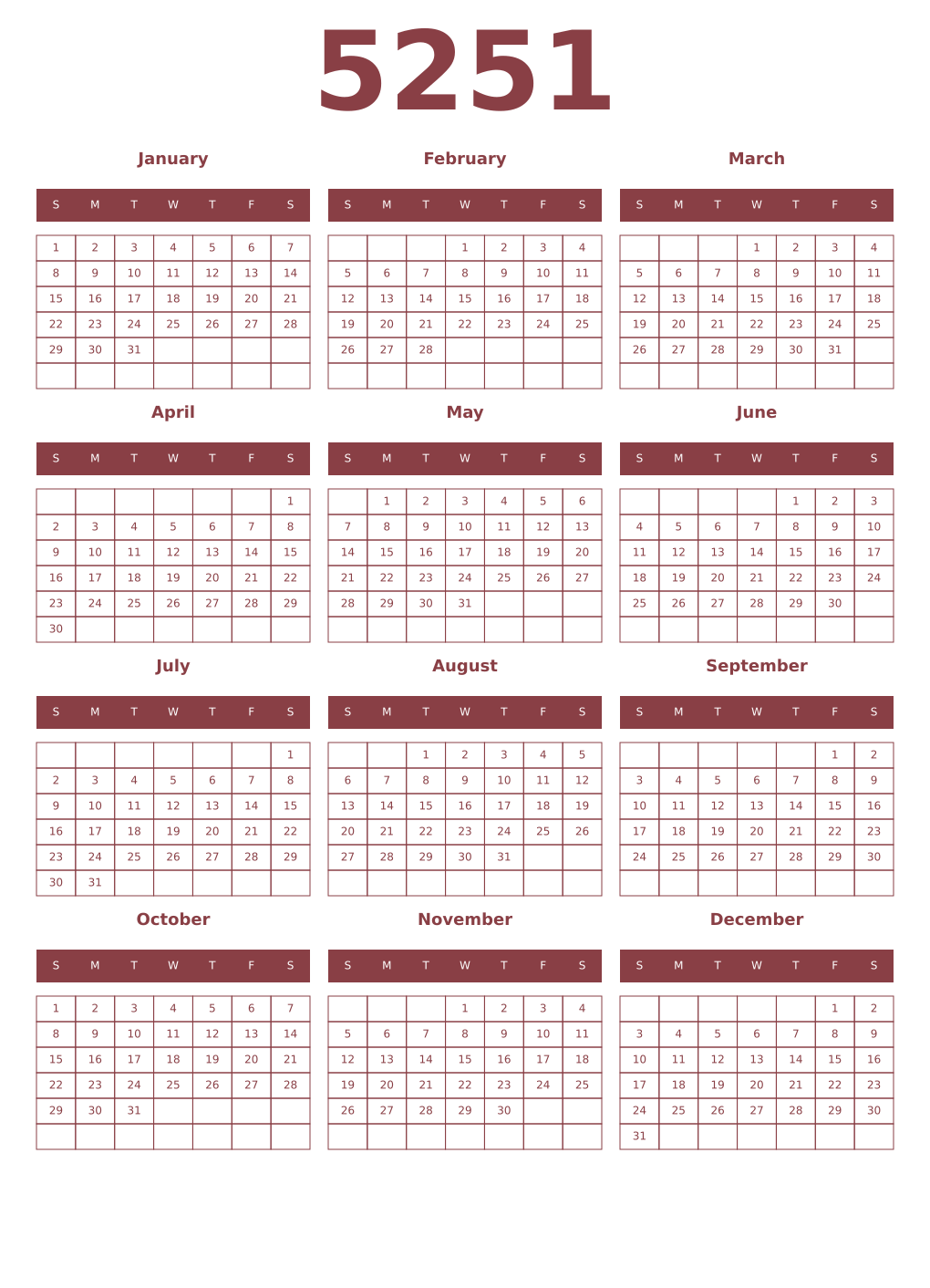 Printable 5251 Year Calendars cordovan