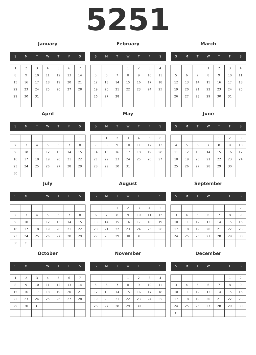 Printable 5251 Year Calendars dark