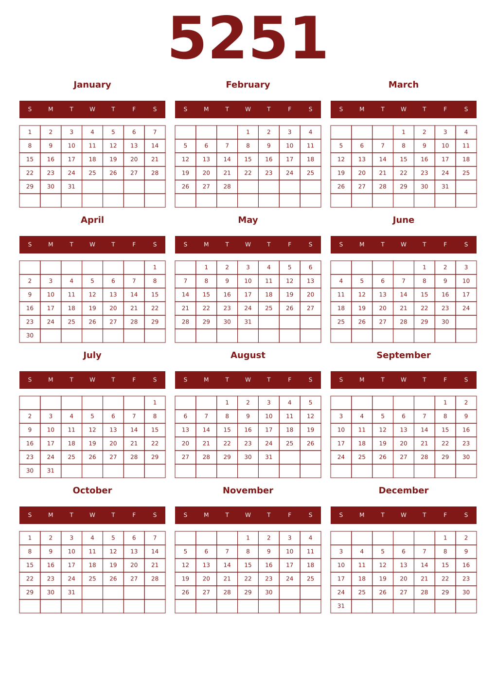 Printable 5251 Year Calendars falu