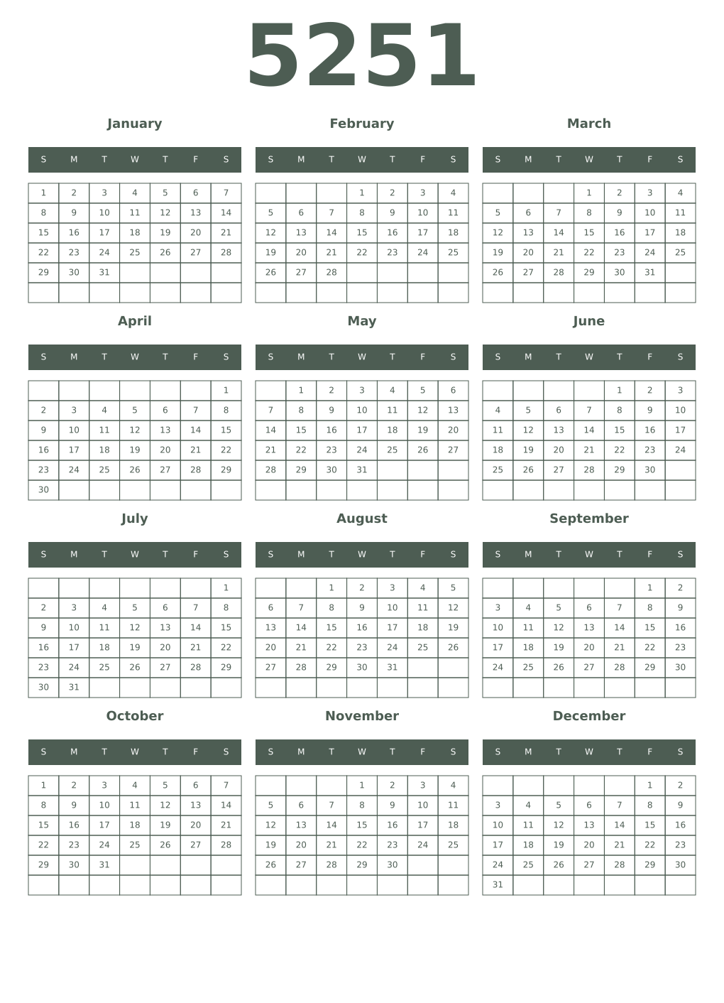 Printable 5251 Year Calendars feldgrau