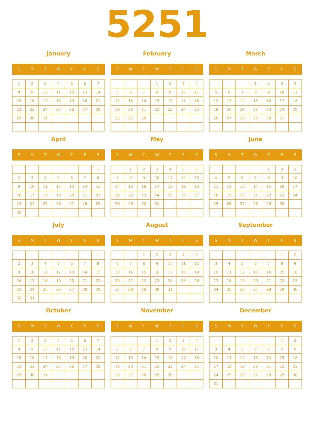 Printable 5251 Year Calendars gamboge