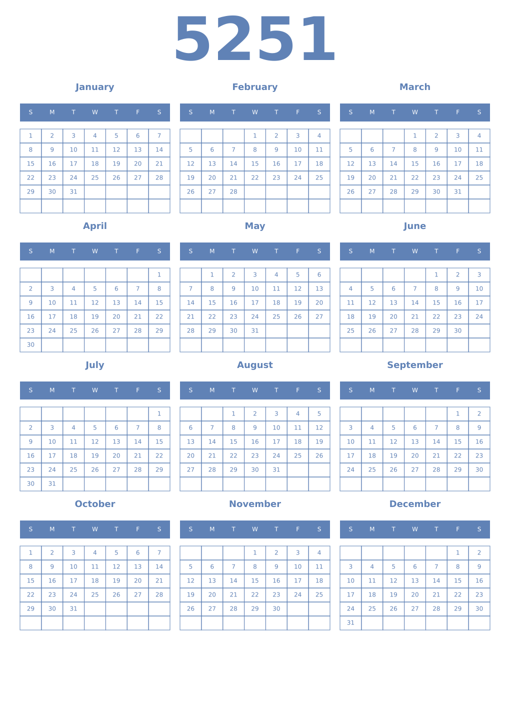 Printable 5251 Year Calendars glaucous