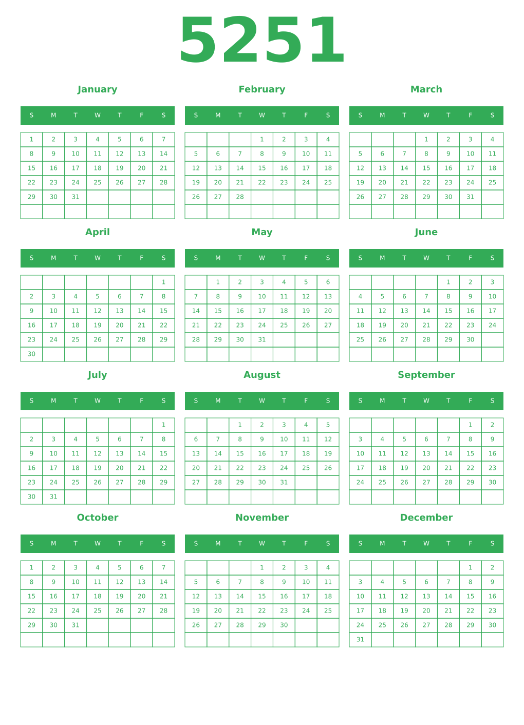 Printable 5251 Year Calendars green