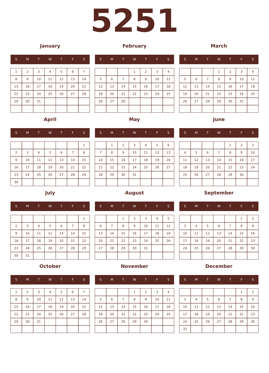 Printable 5251 Year Calendars mortuum