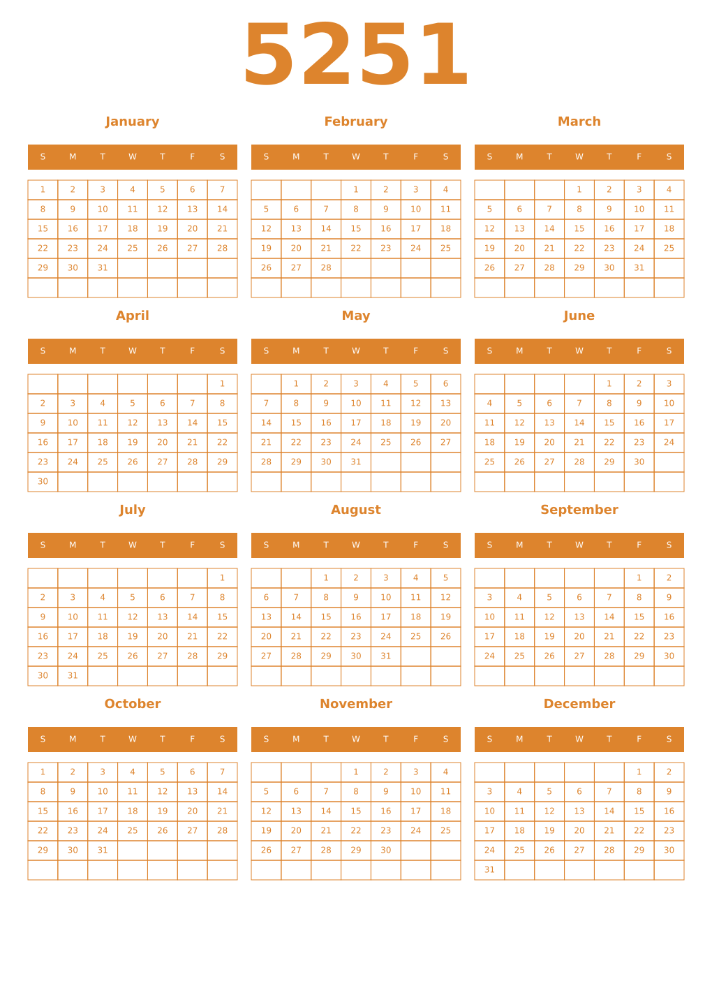 Printable 5251 Year Calendars orange
