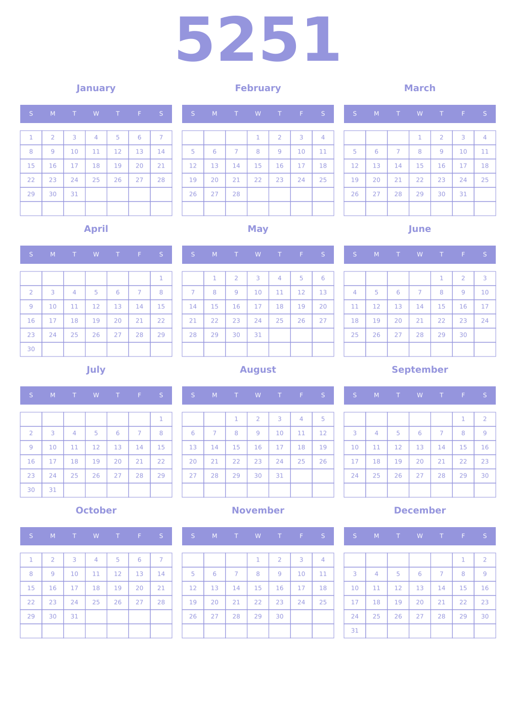 Printable 5251 Year Calendars periwinkle