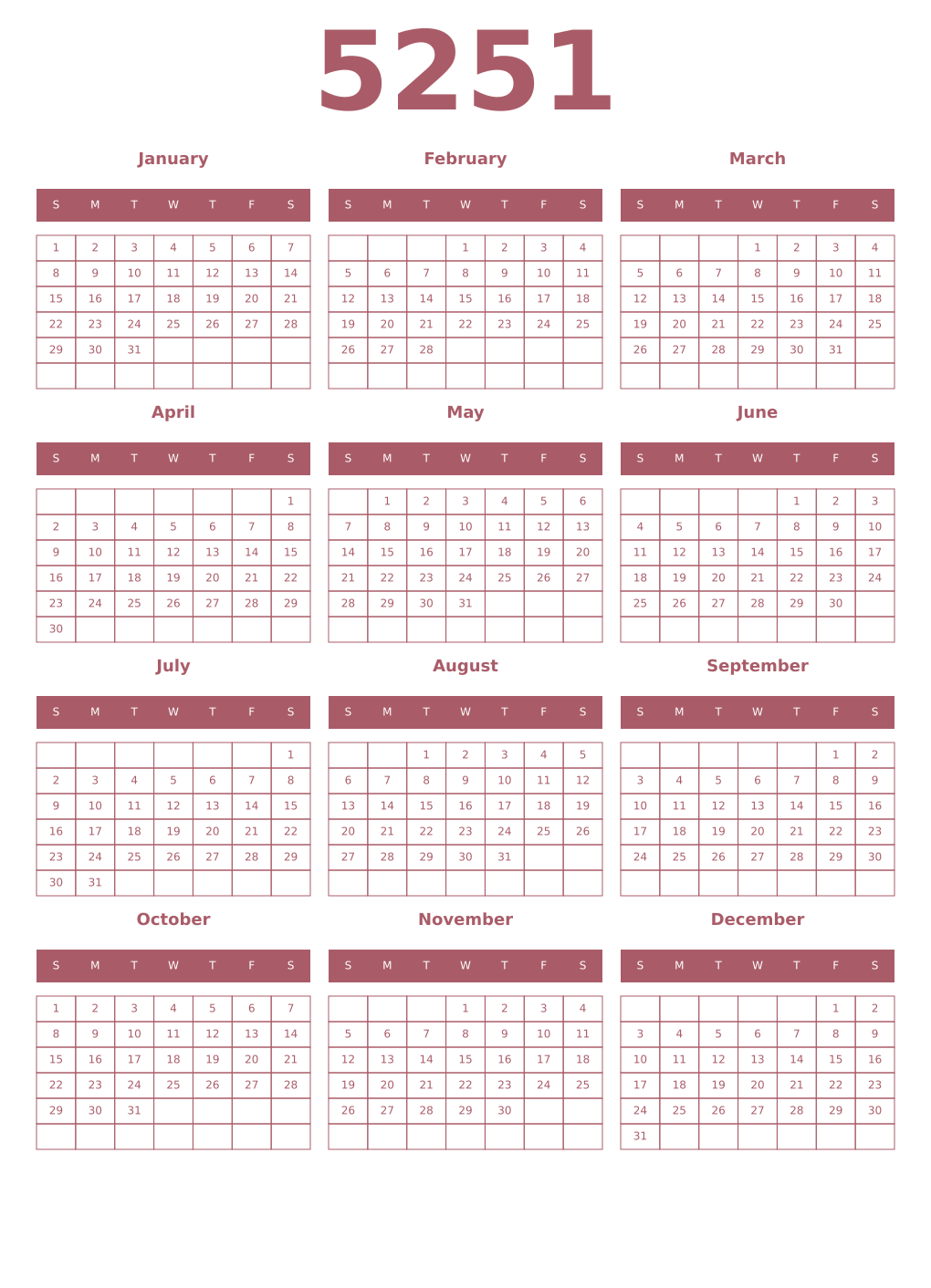 Printable 5251 Year Calendars puce