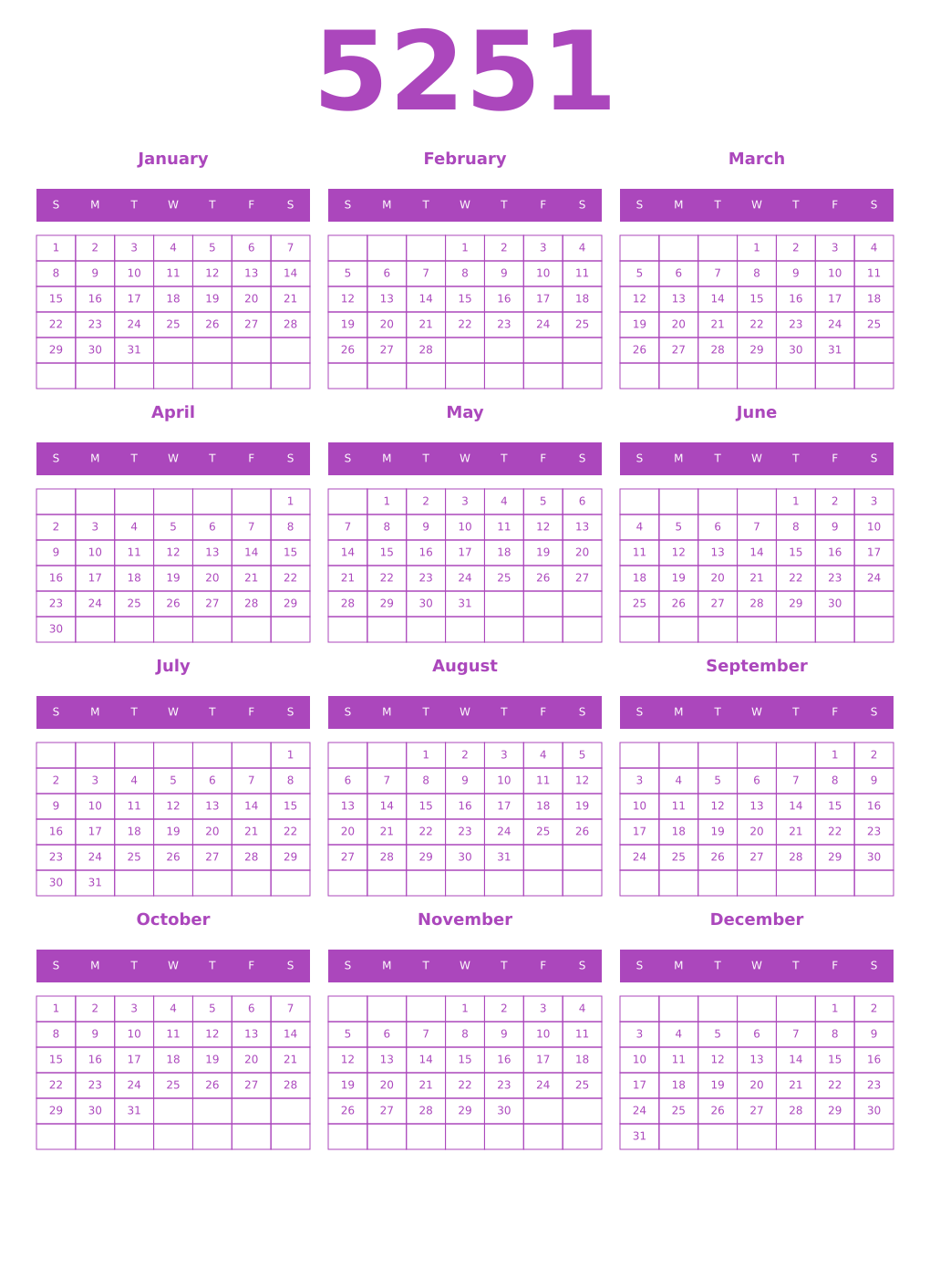 Printable 5251 Year Calendars purple