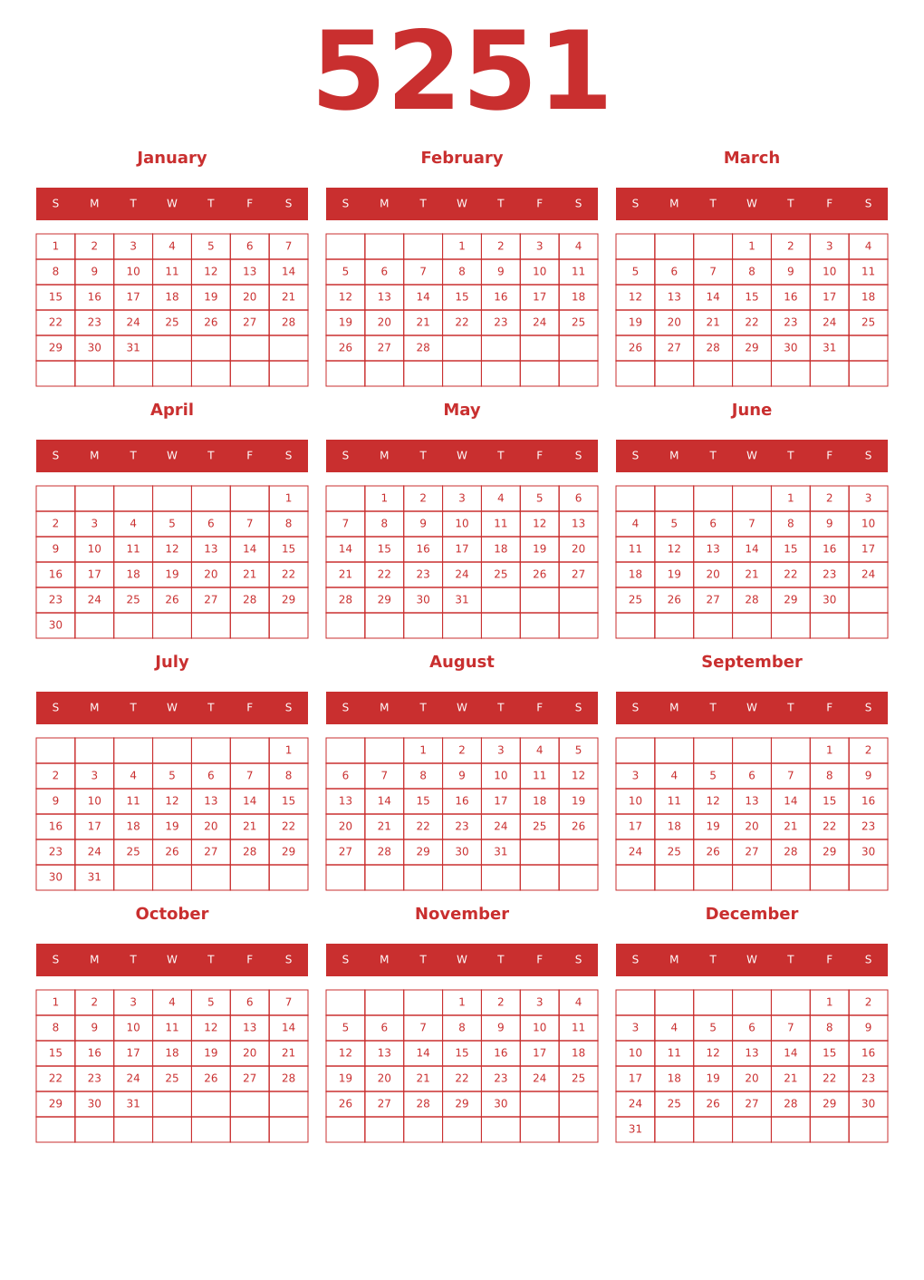 Printable 5251 Year Calendars red