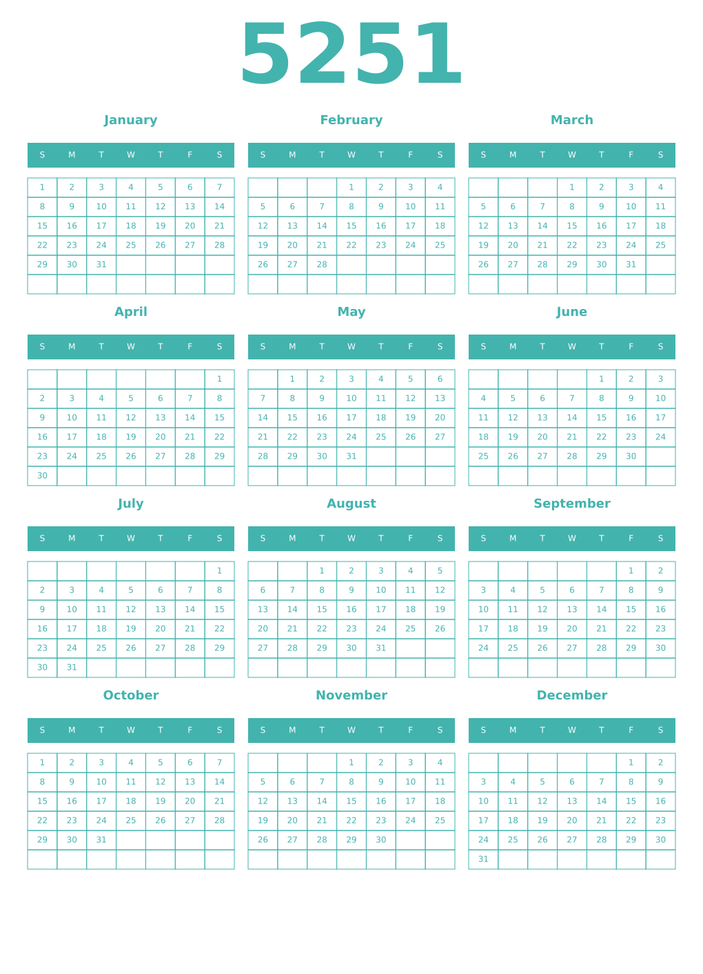 Printable 5251 Year Calendars verdigris