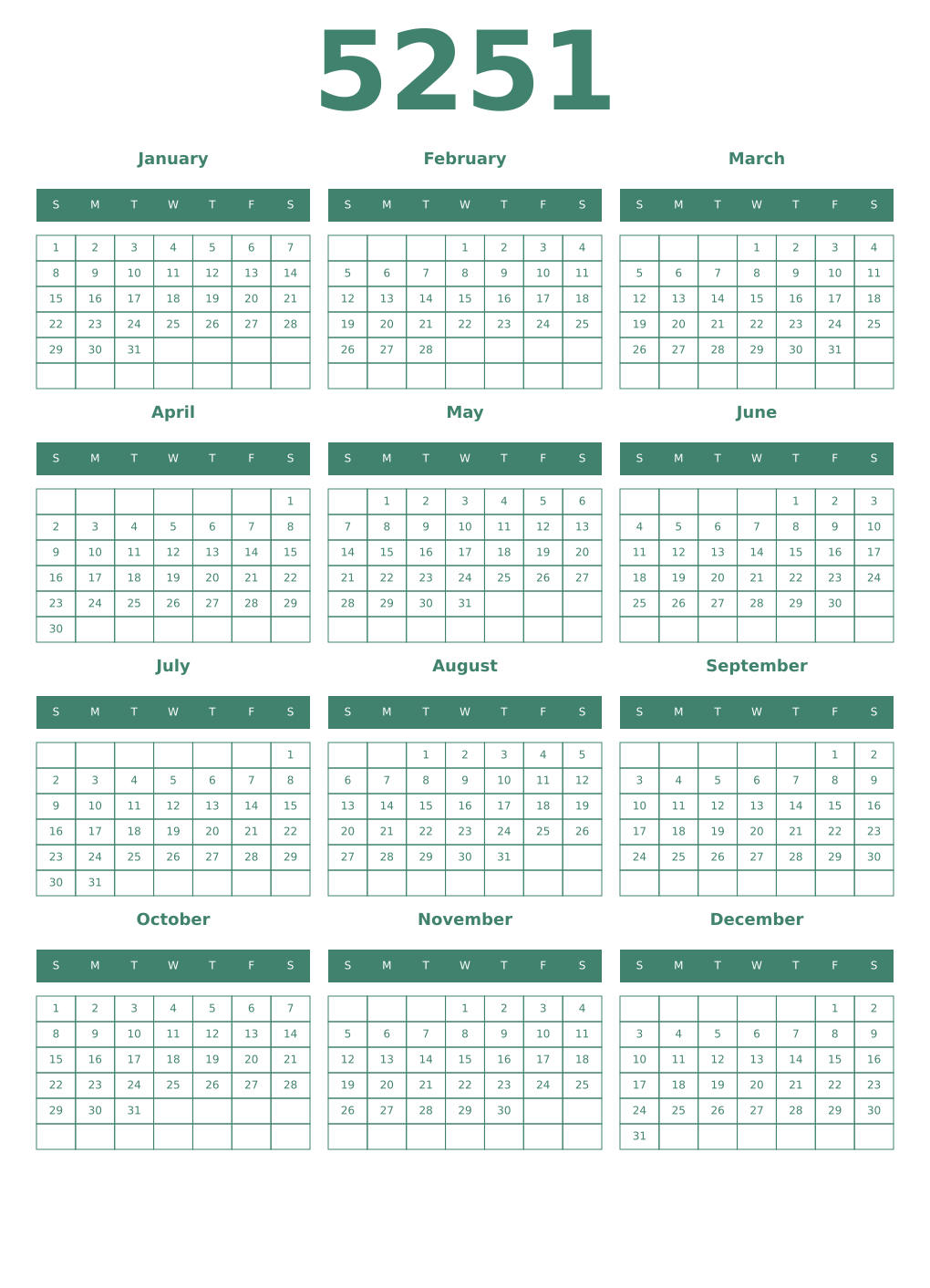 Printable 5251 Year Calendars viridian