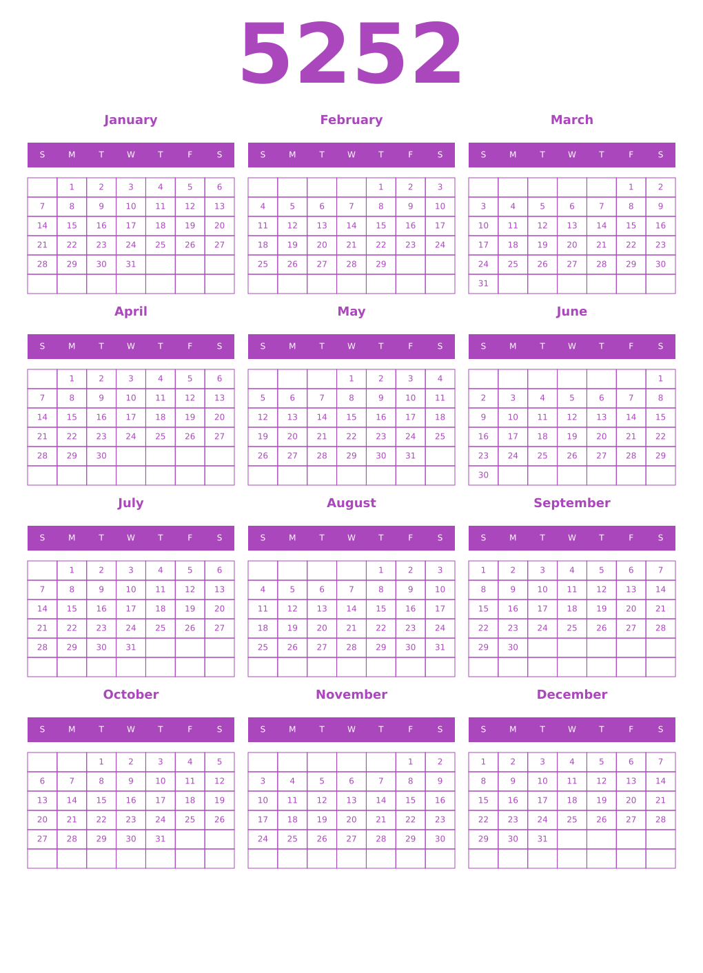 Printable 5252 Calendars
