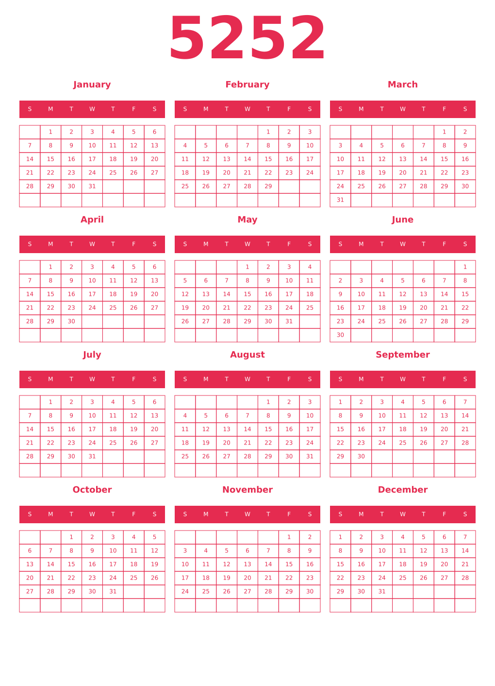 Printable 5252 Year Calendars amaranth