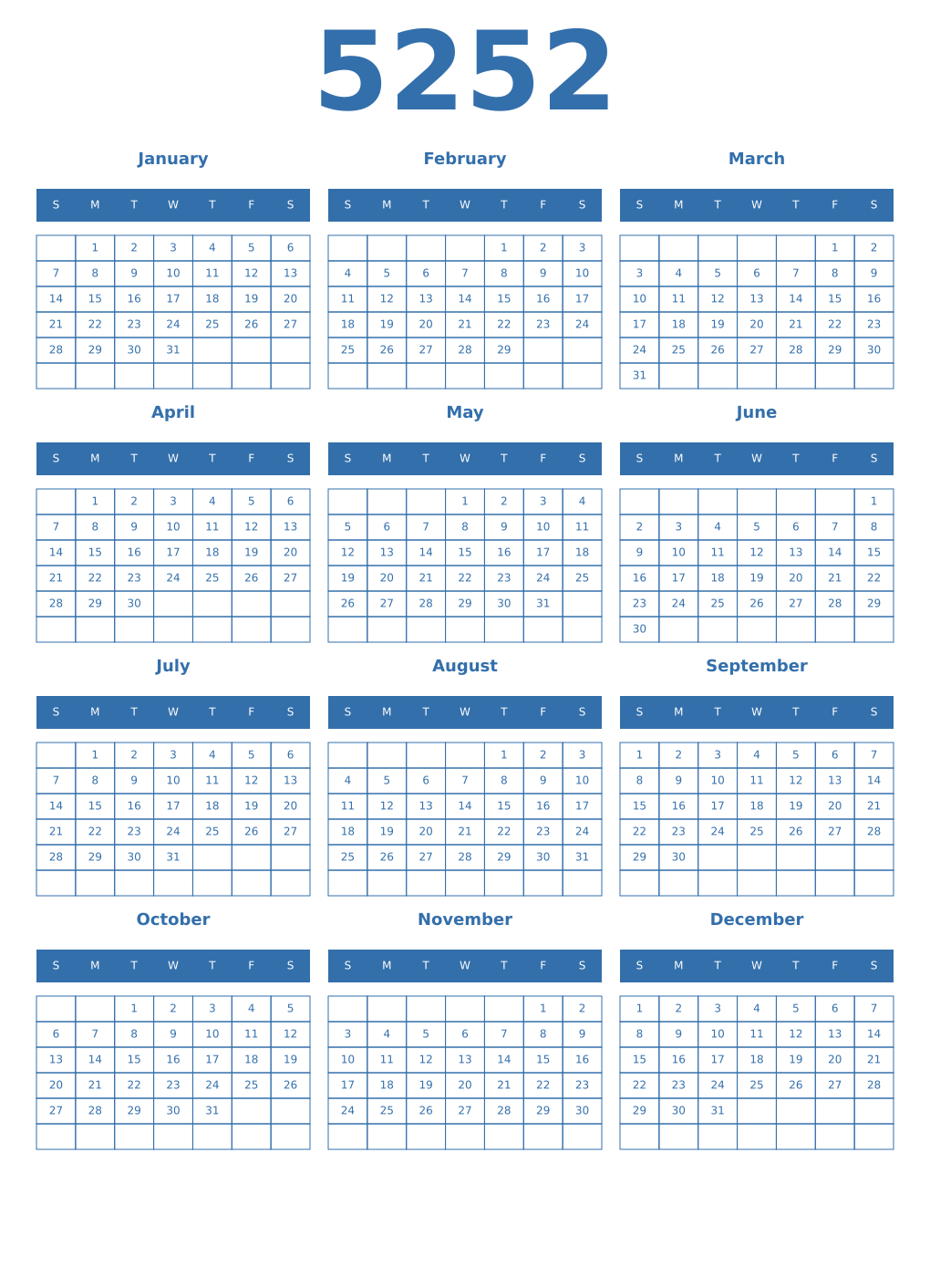 Printable 5252 Year Calendars blue