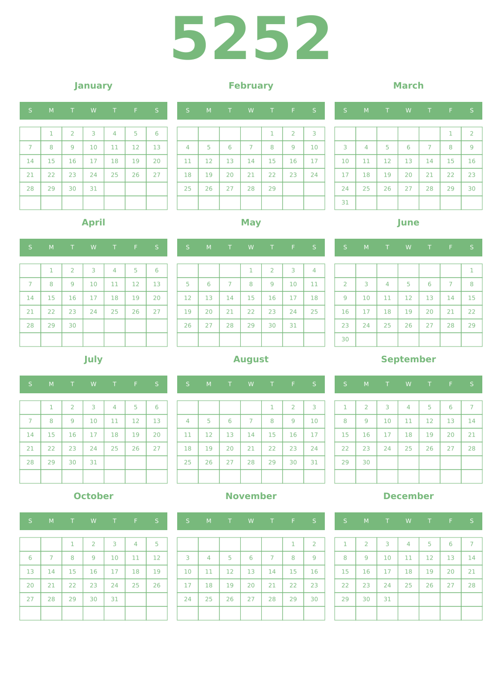 Printable 5252 Year Calendars celadon