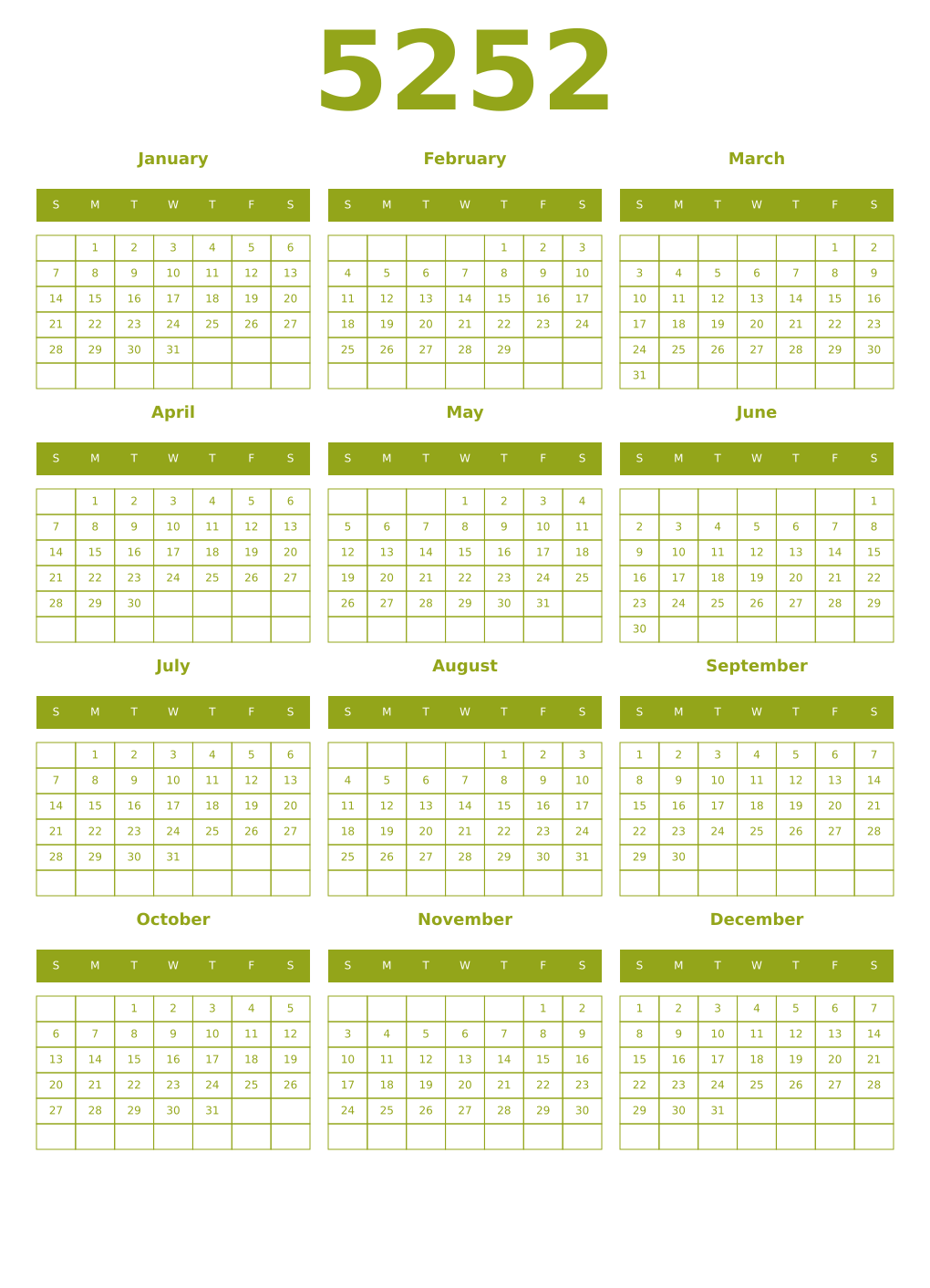 Printable 5252 Year Calendars chartreuse