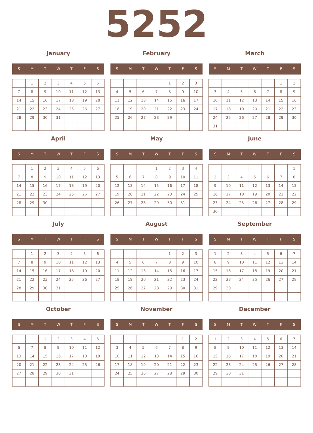 Printable 5252 Year Calendars coffe