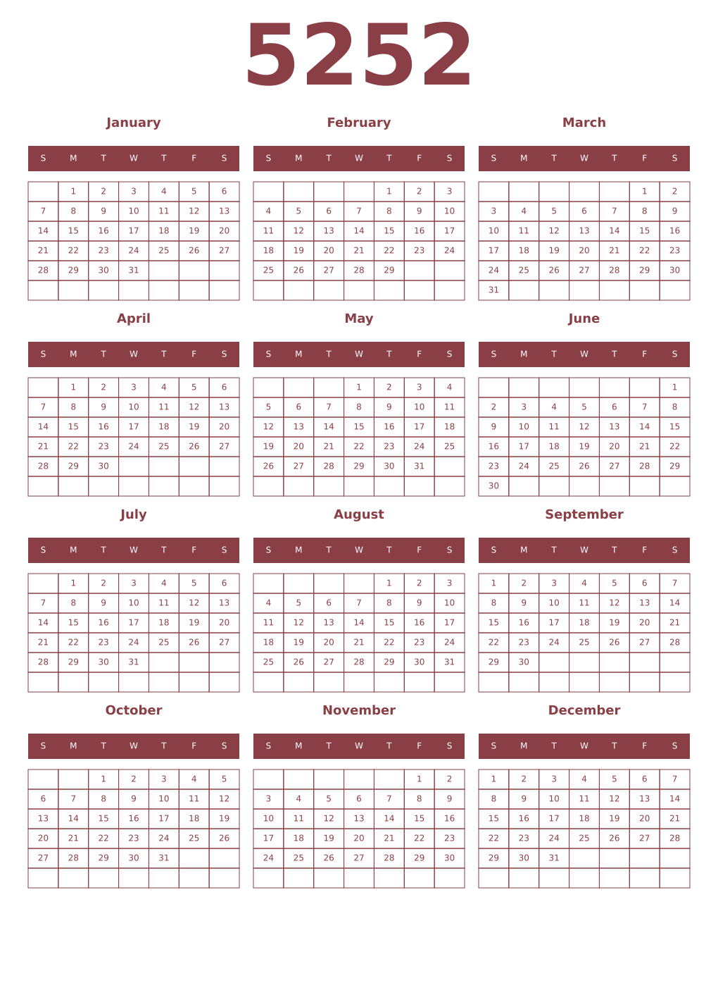 Printable 5252 Year Calendars cordovan