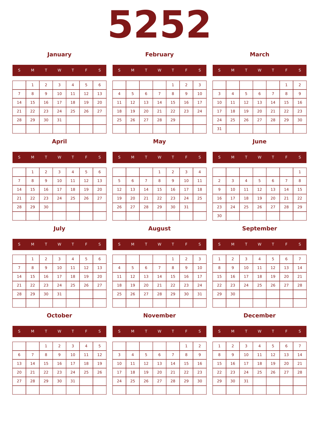 Printable 5252 Year Calendars falu