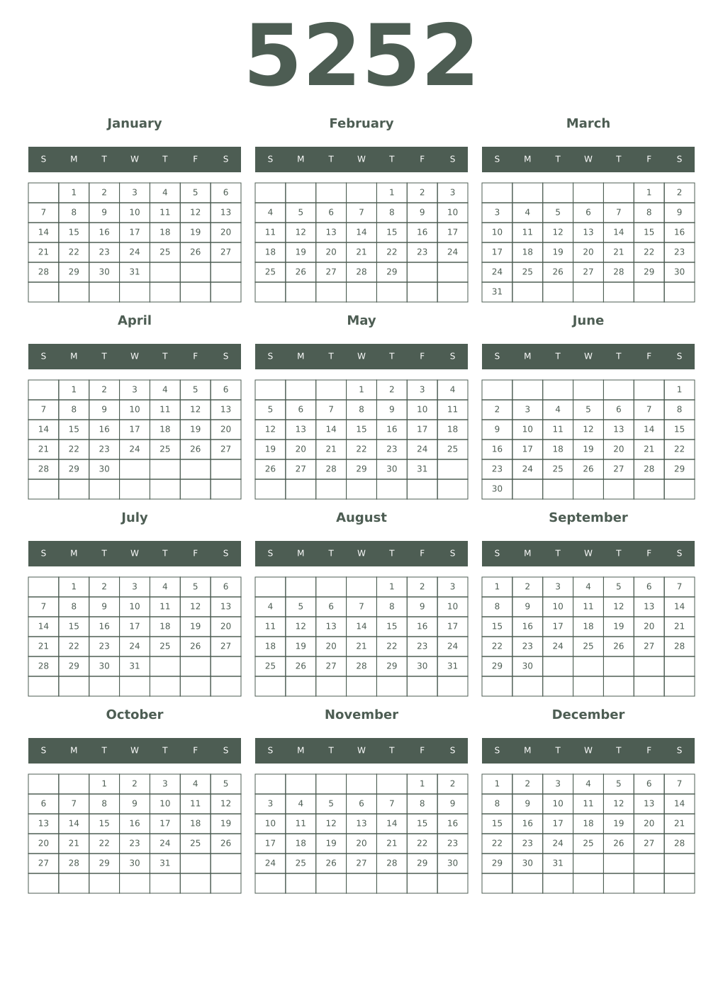 Printable 5252 Year Calendars feldgrau
