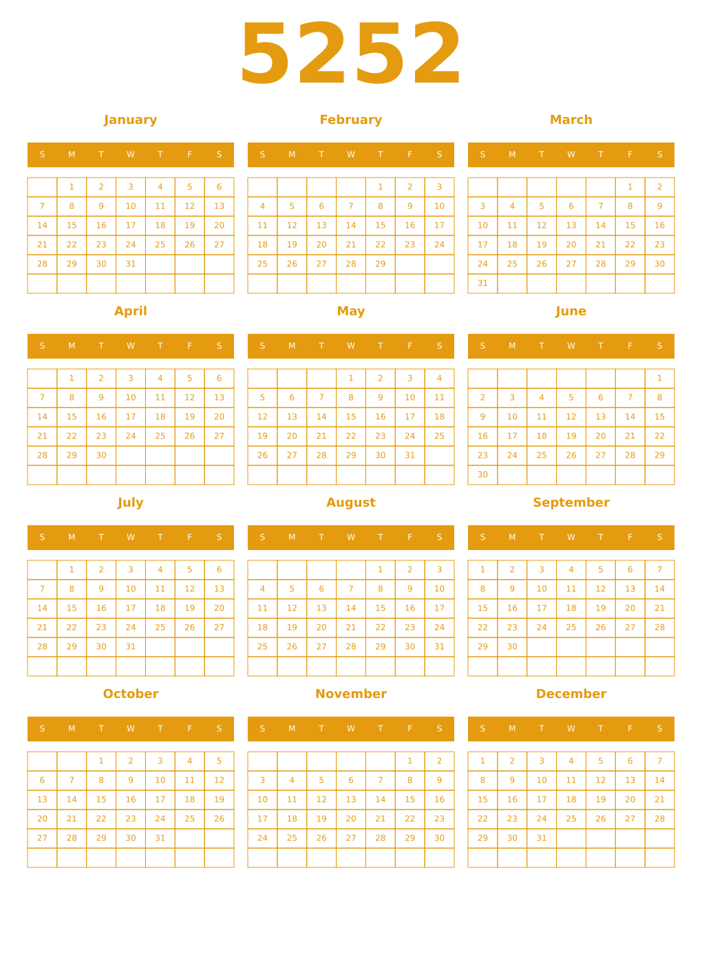 Printable 5252 Year Calendars gamboge