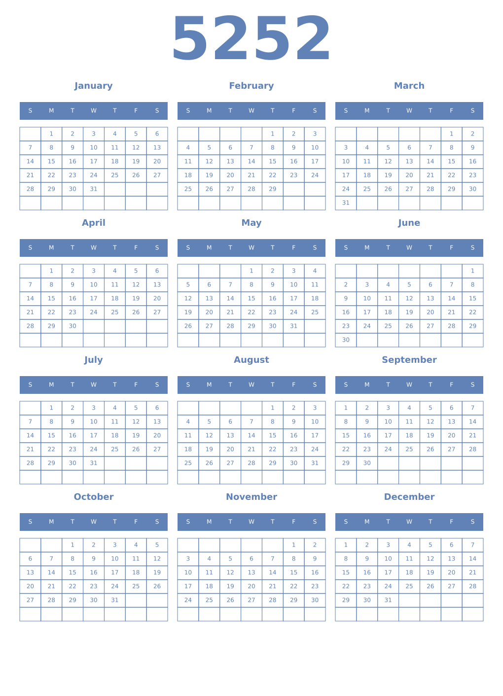 Printable 5252 Year Calendars glaucous