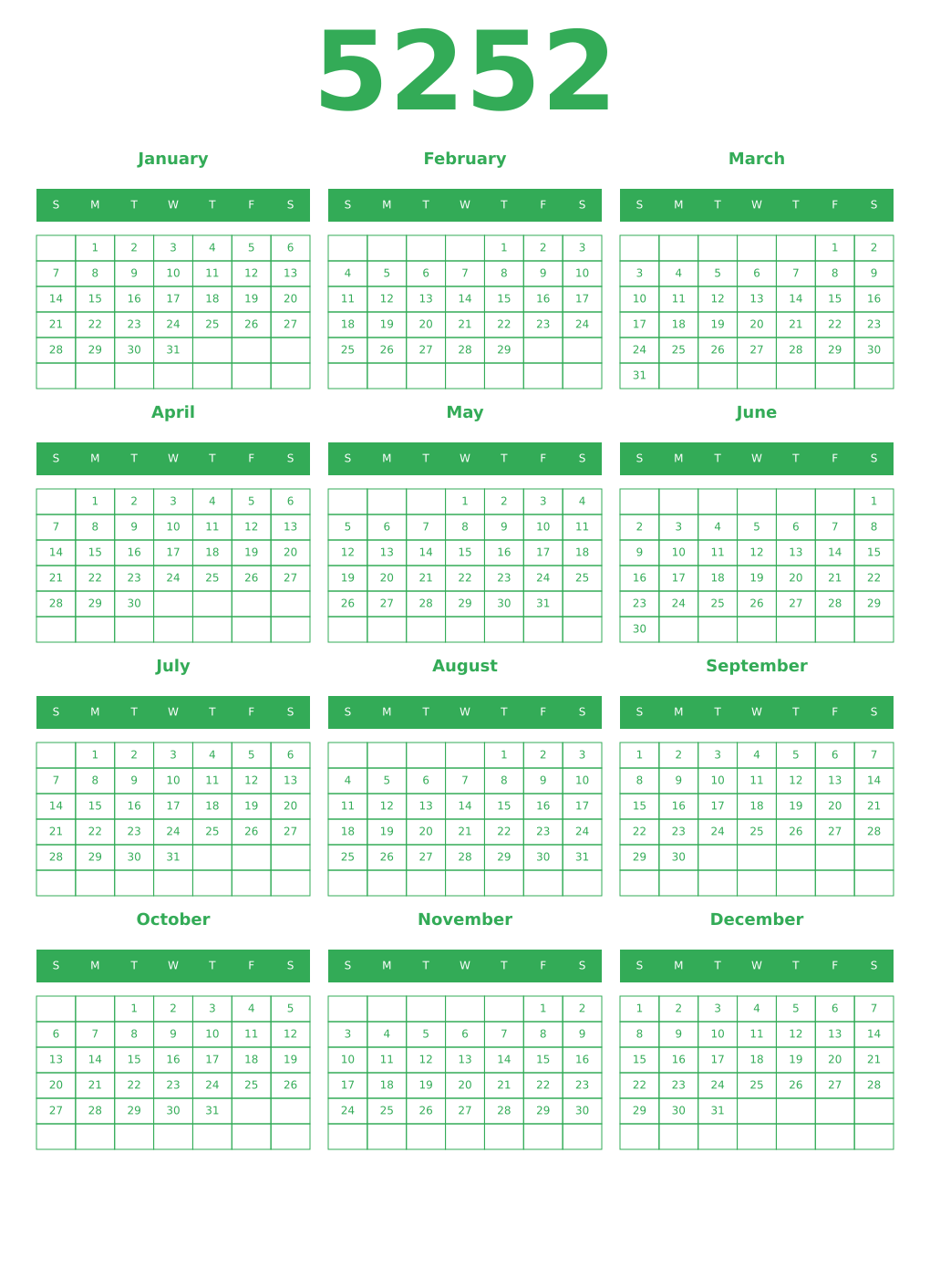 Printable 5252 Year Calendars green