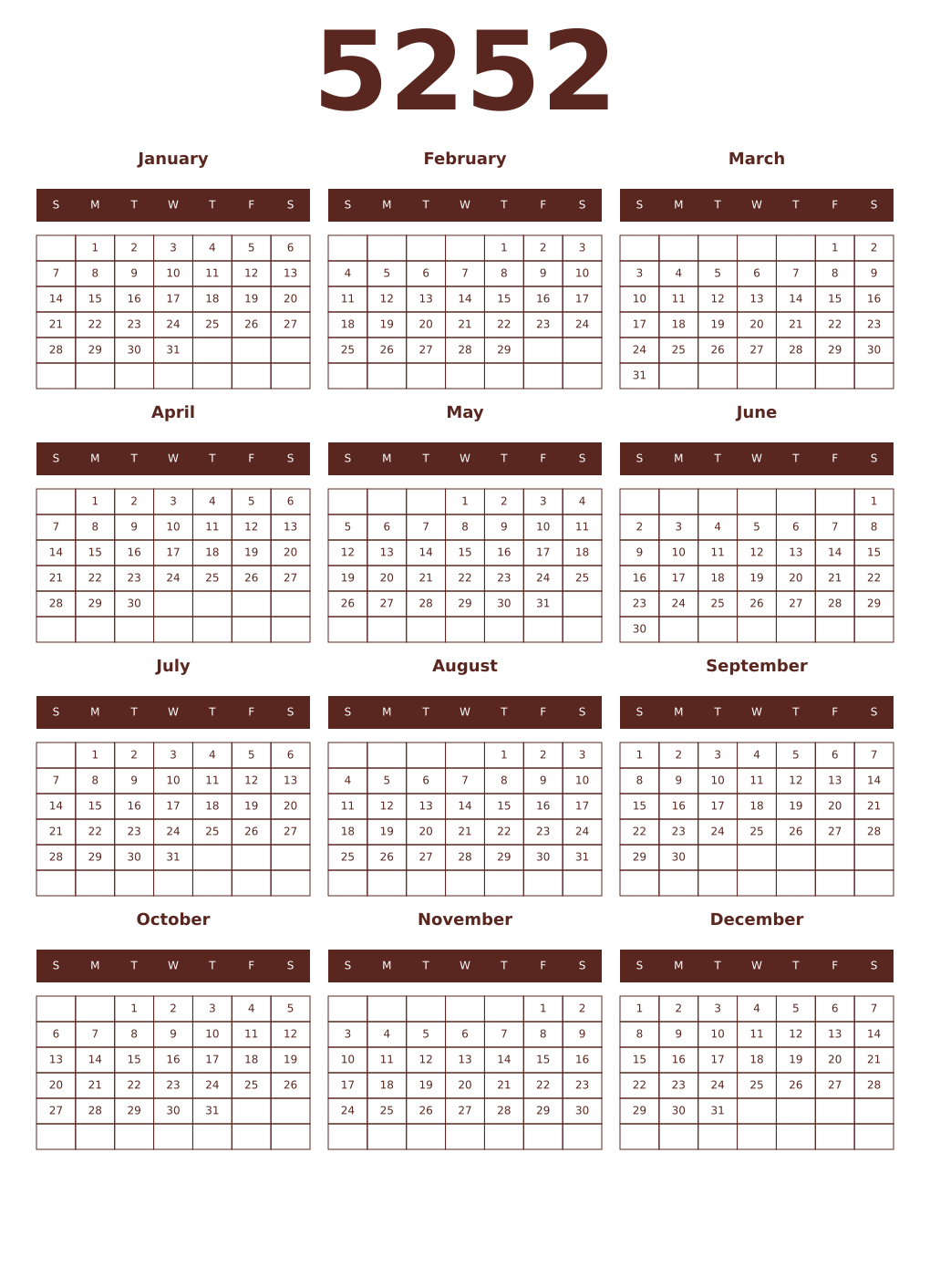 Printable 5252 Year Calendars mortuum