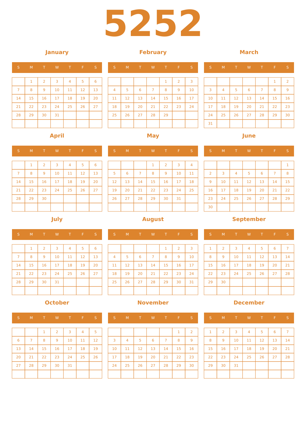 Printable 5252 Year Calendars orange