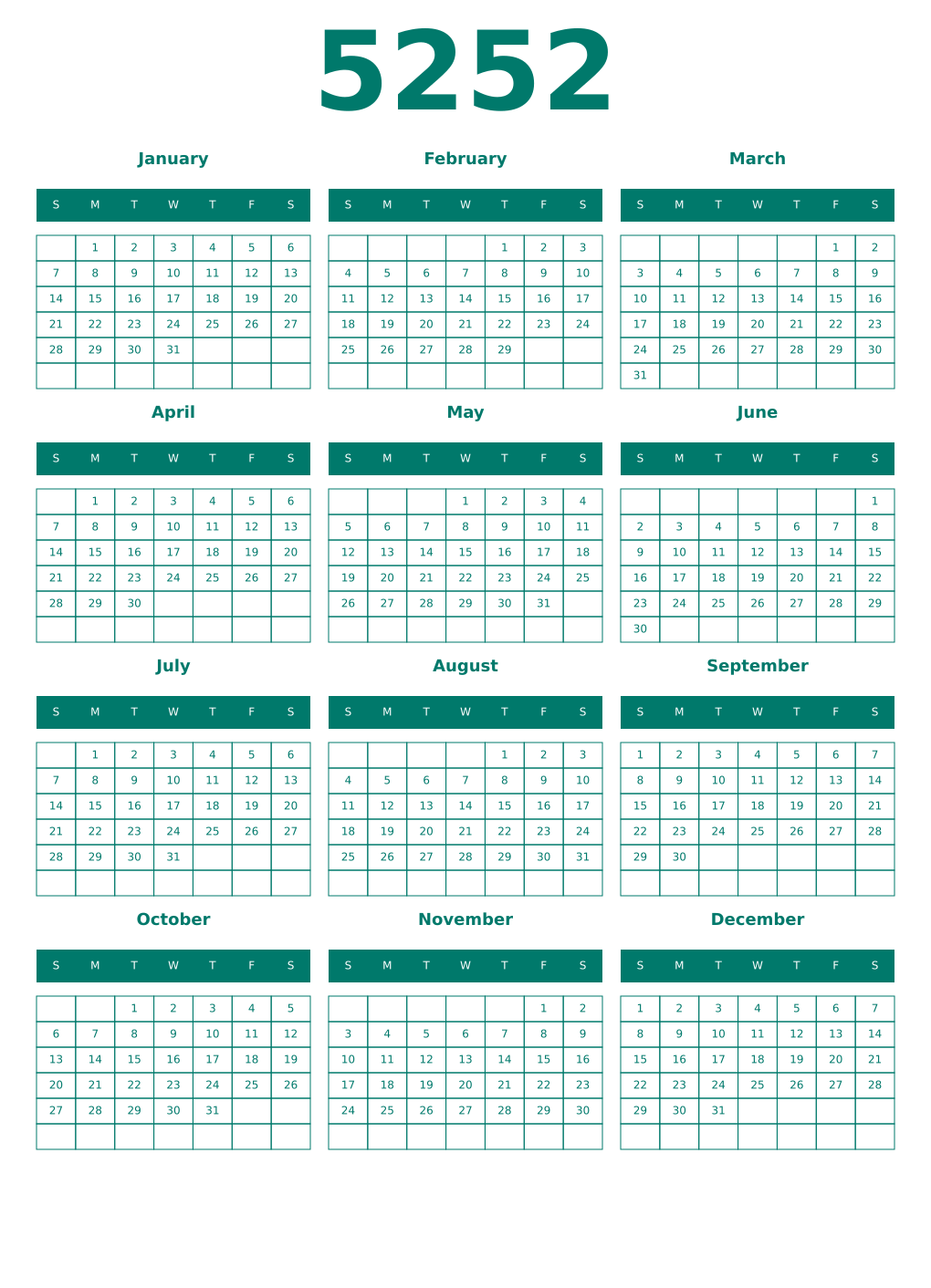 Printable 5252 Year Calendars pastel