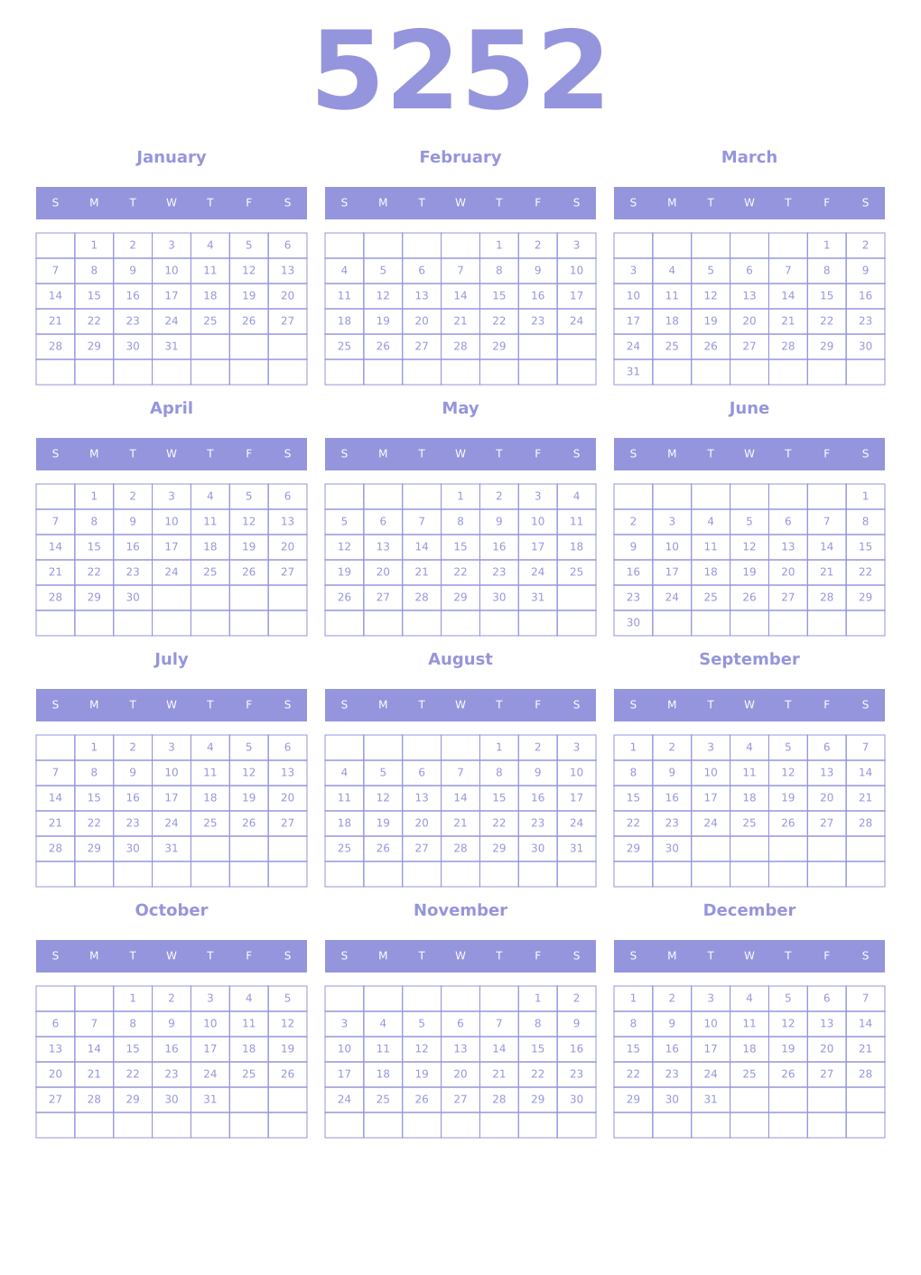 Printable 5252 Year Calendars periwinkle