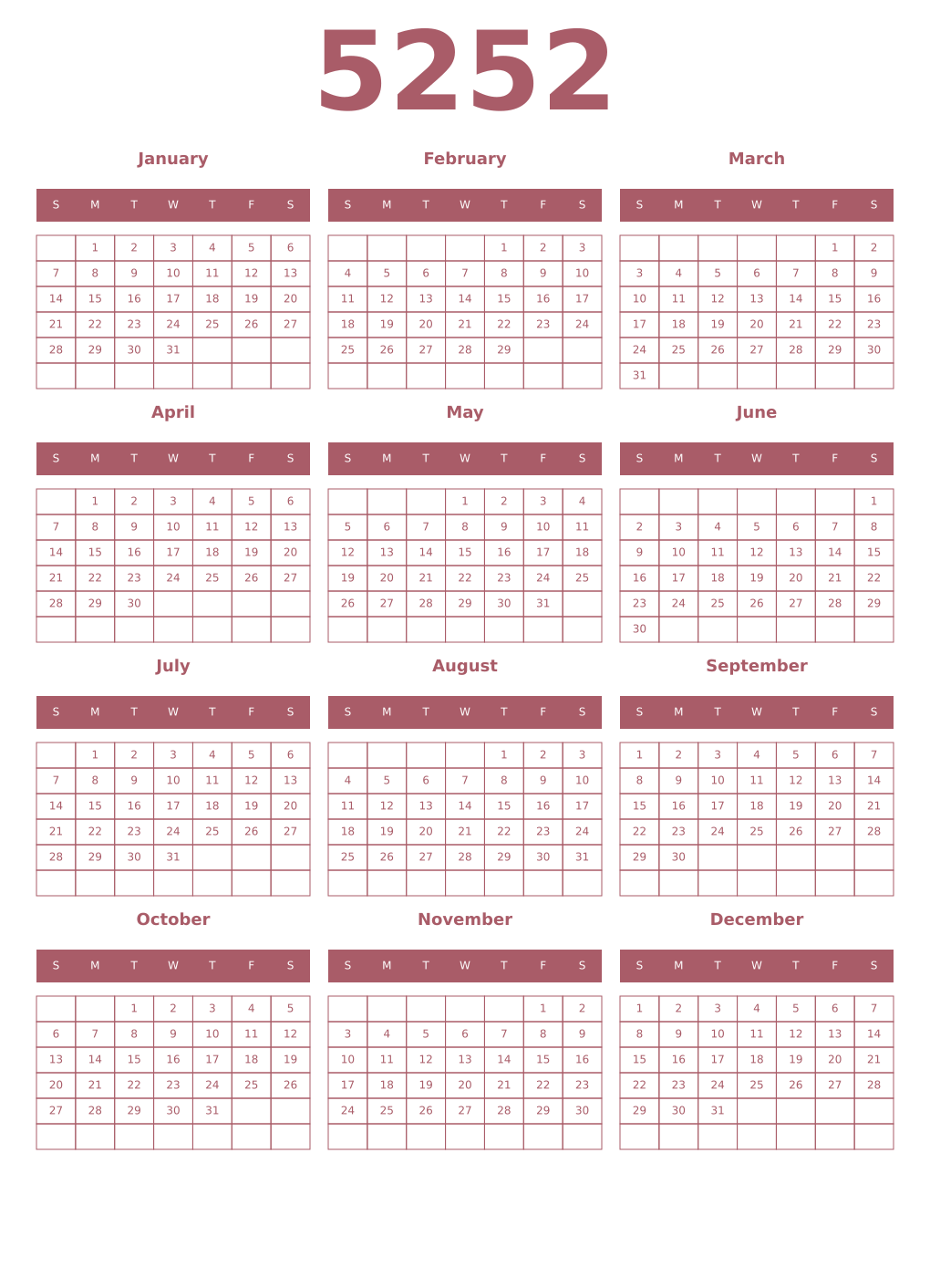 Printable 5252 Year Calendars puce