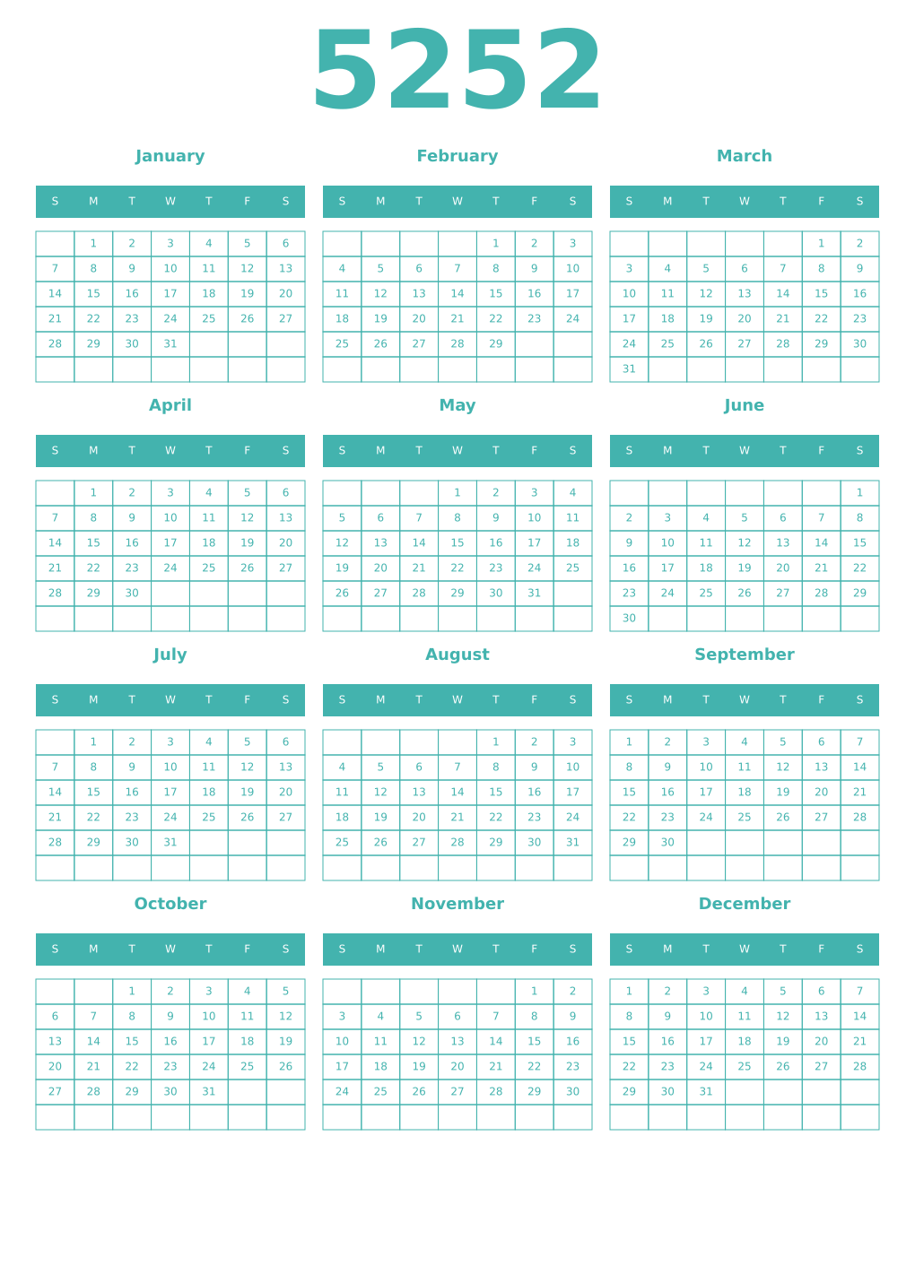 Printable 5252 Year Calendars verdigris