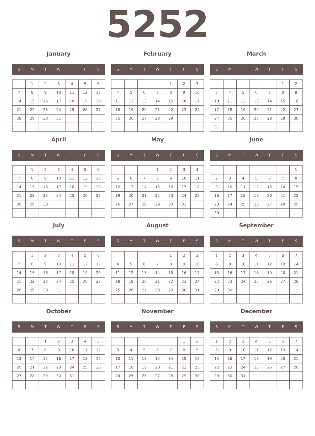 Printable 5252 Year Calendars wenge
