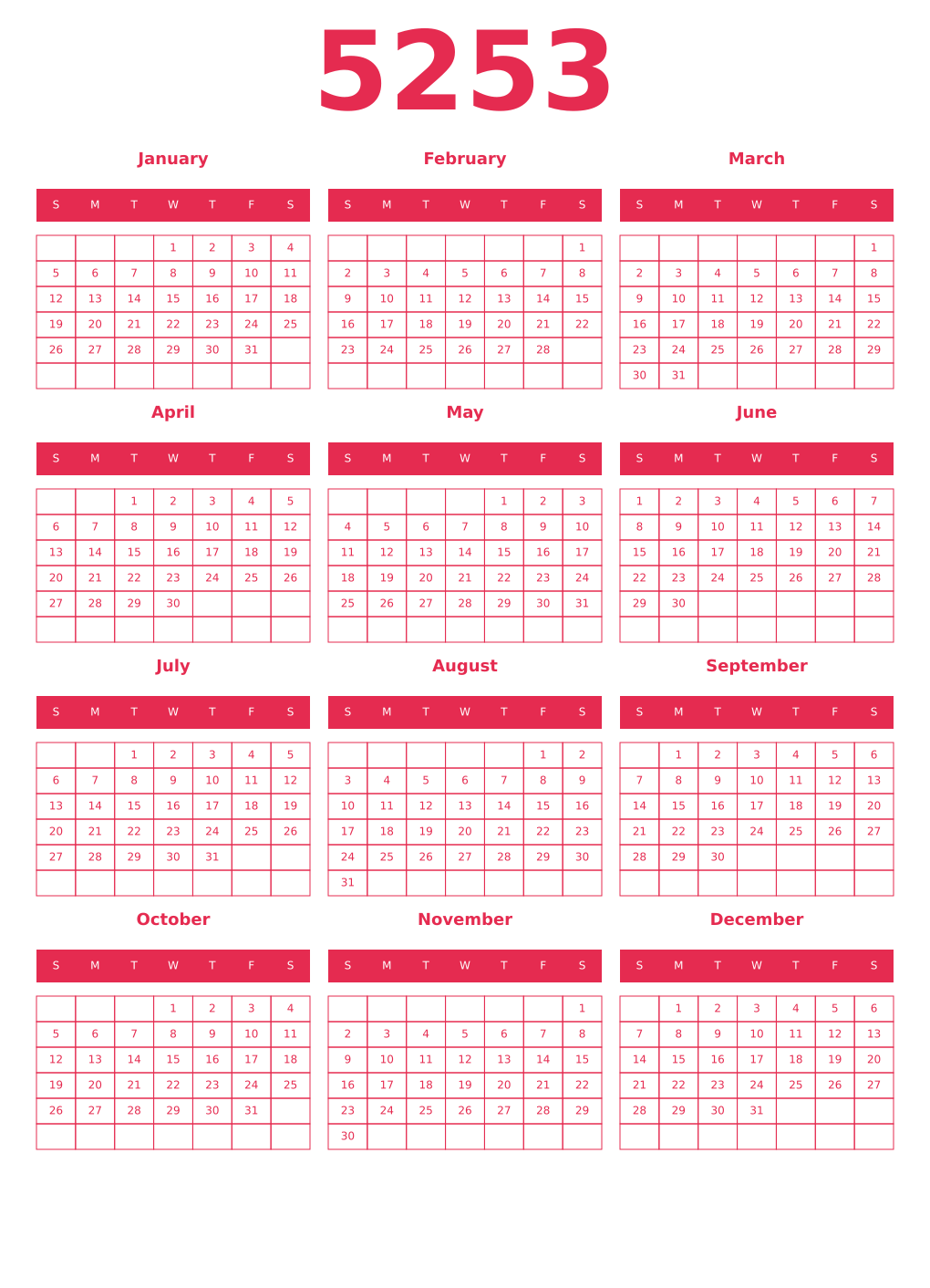 Printable 5253 Year Calendars amaranth