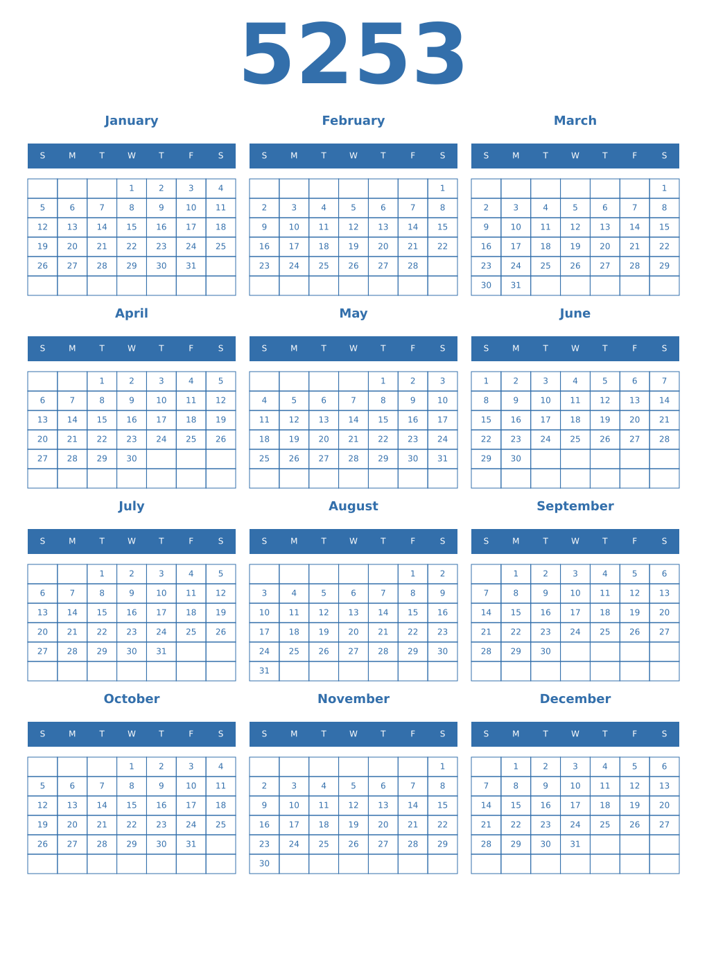Printable 5253 Year Calendars blue