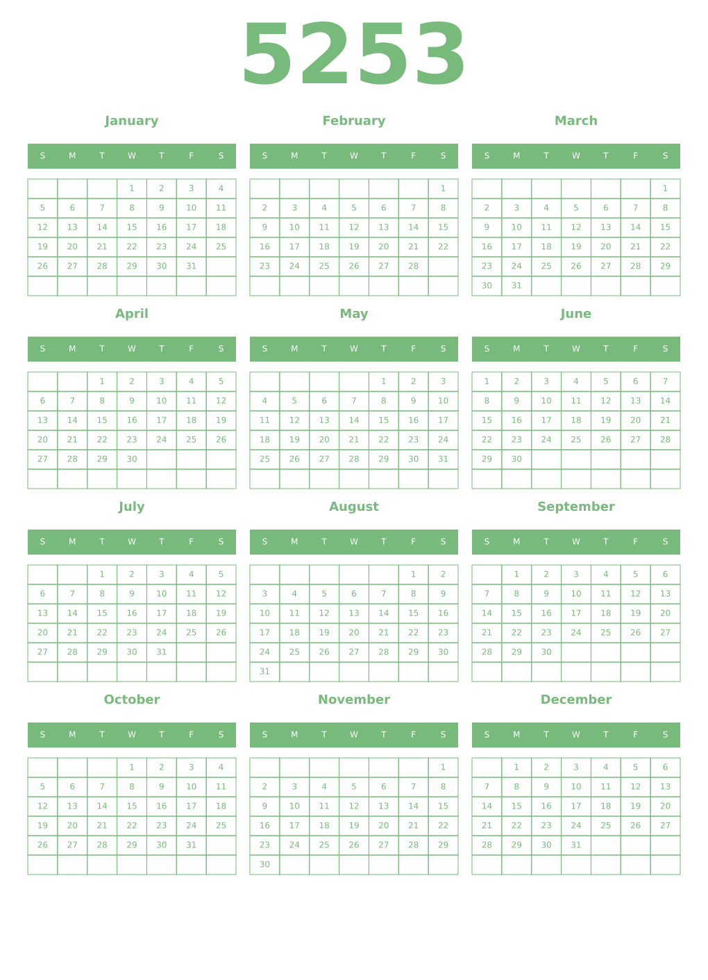 Printable 5253 Year Calendars celadon