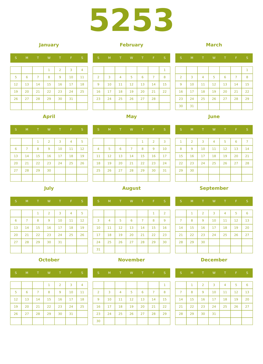Printable 5253 Year Calendars chartreuse